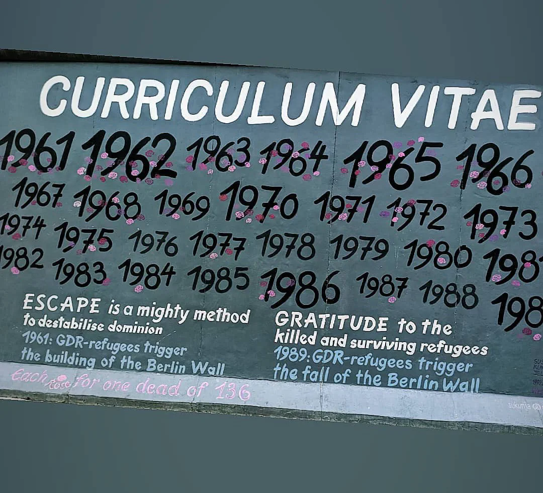 A painted section of the Berlin Wall titled Curriculum Vitae, listing the years 1961 to 1989 in large hand-painted numerals with small pink roses between them, and hand-lettered text about GDR refugees triggering both the building and the fall of the Wall.