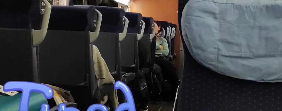 The interior of a German ICE train early in the morning, rows of empty blue seats, luggage on the overhead racks, a single passenger visible further down the carriage.