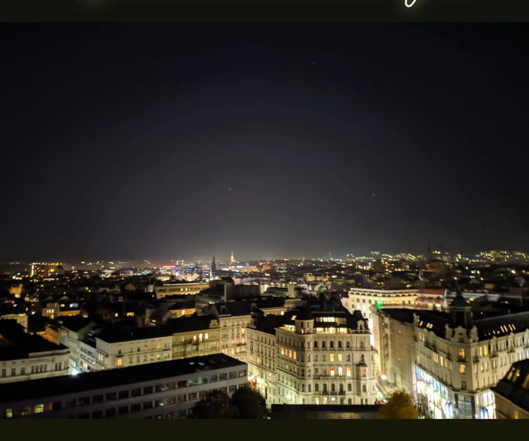 Vienna seen from above at night, rooftops and lit apartment facades in the foreground, the city spreading out to a horizon of orange lights with a cathedral spire lit in the distance.